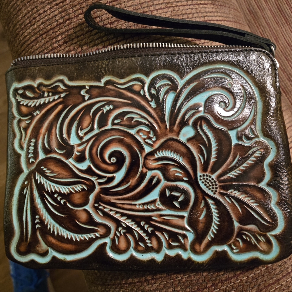 Patricia Nash Brown and Blue Floral Wristlet